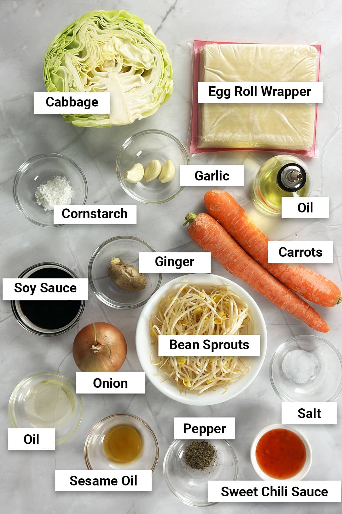 Ingredients for vegetable egg rolls air fryer recipe.
