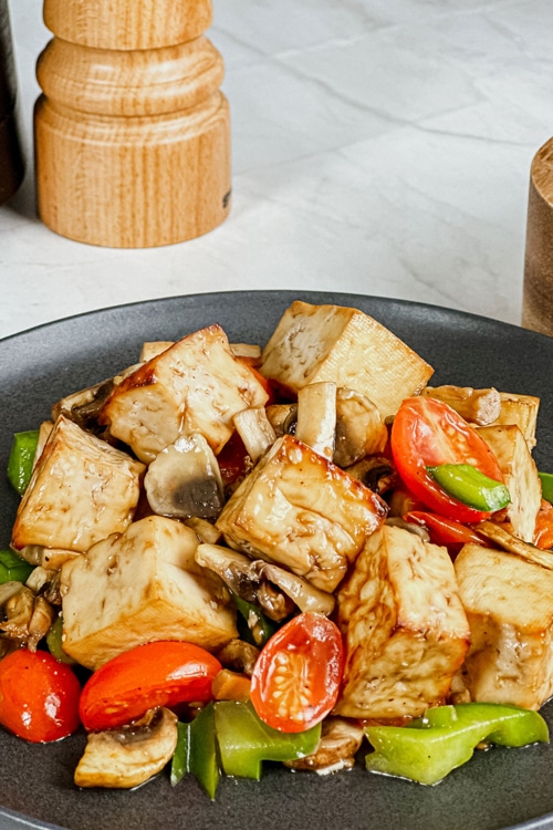 Air Fryer Tofu and Veggies bite shot