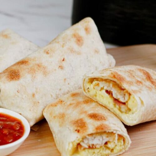 Air fryer breakfast burrito recipe served with salsa.