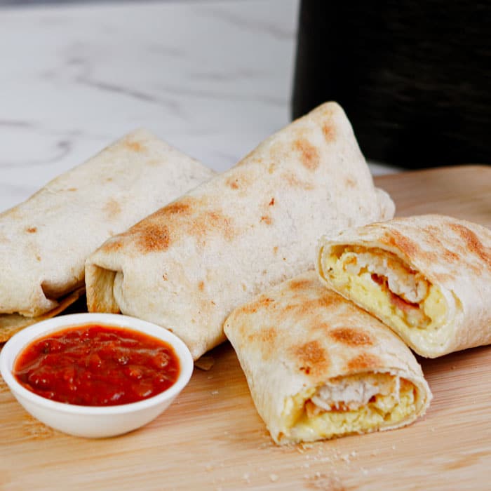 Air fried breakfast wraps served with salsa.