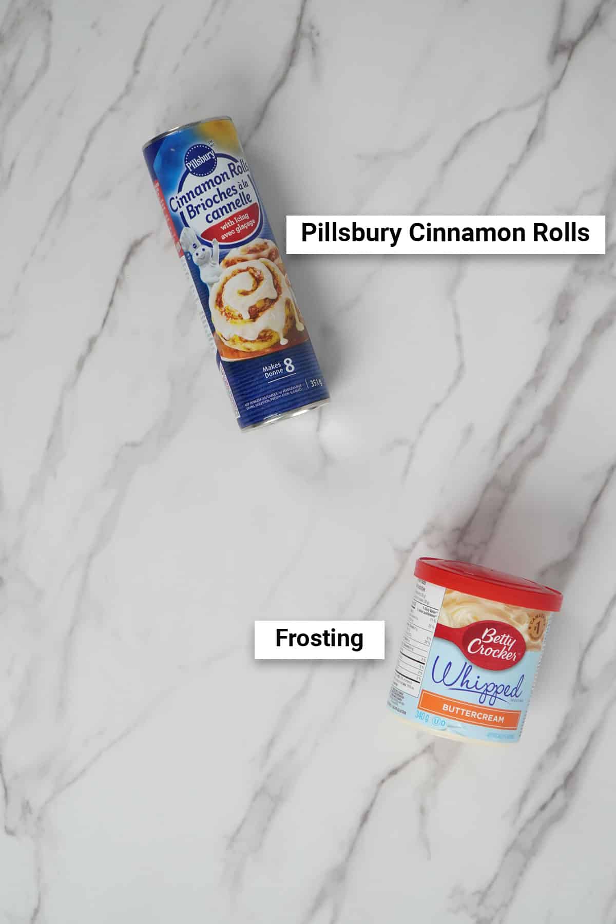 Ingredients for air fryer Pillsbury cinnamon rolls with original icing.