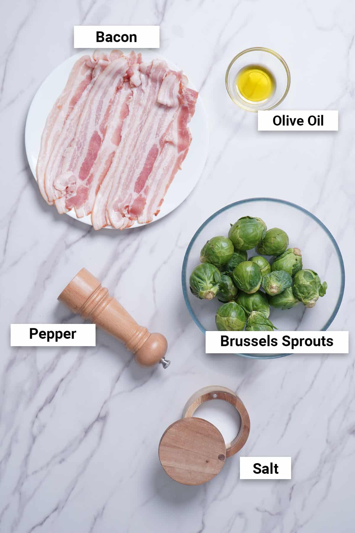 Ingredients for air fryer bacon wrapped brussels sprouts.