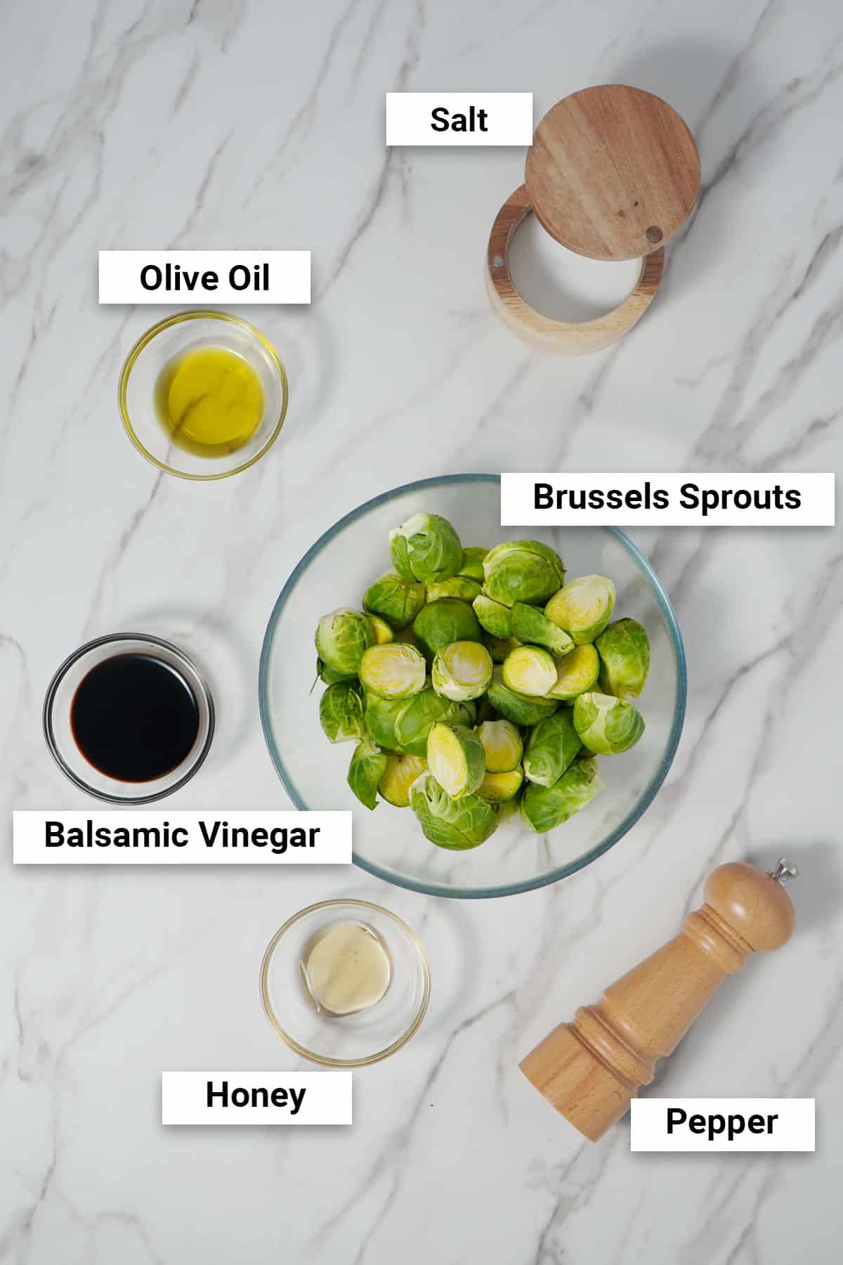Ingredients for balsamic brussels sprouts air fryer recipe.