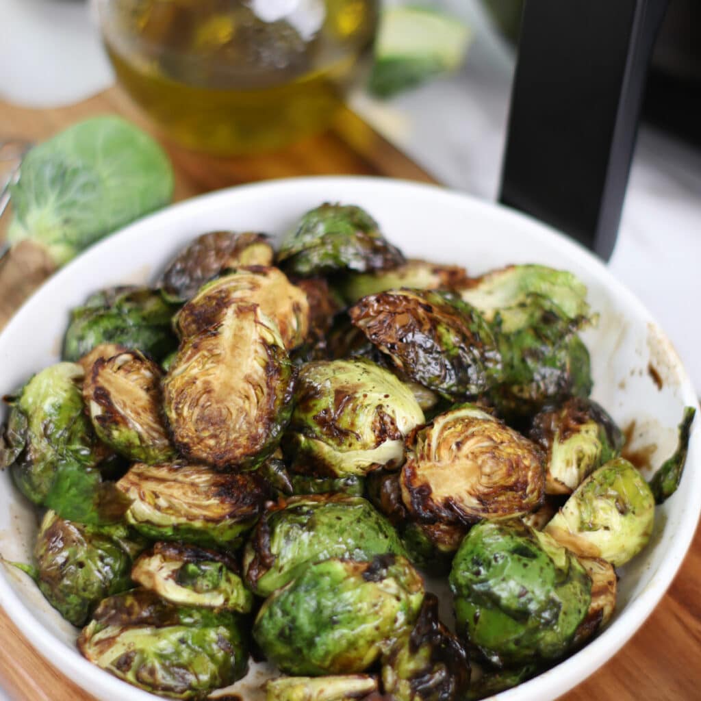 Air Fried Balsamic Brussels Sprouts served in a small bowl