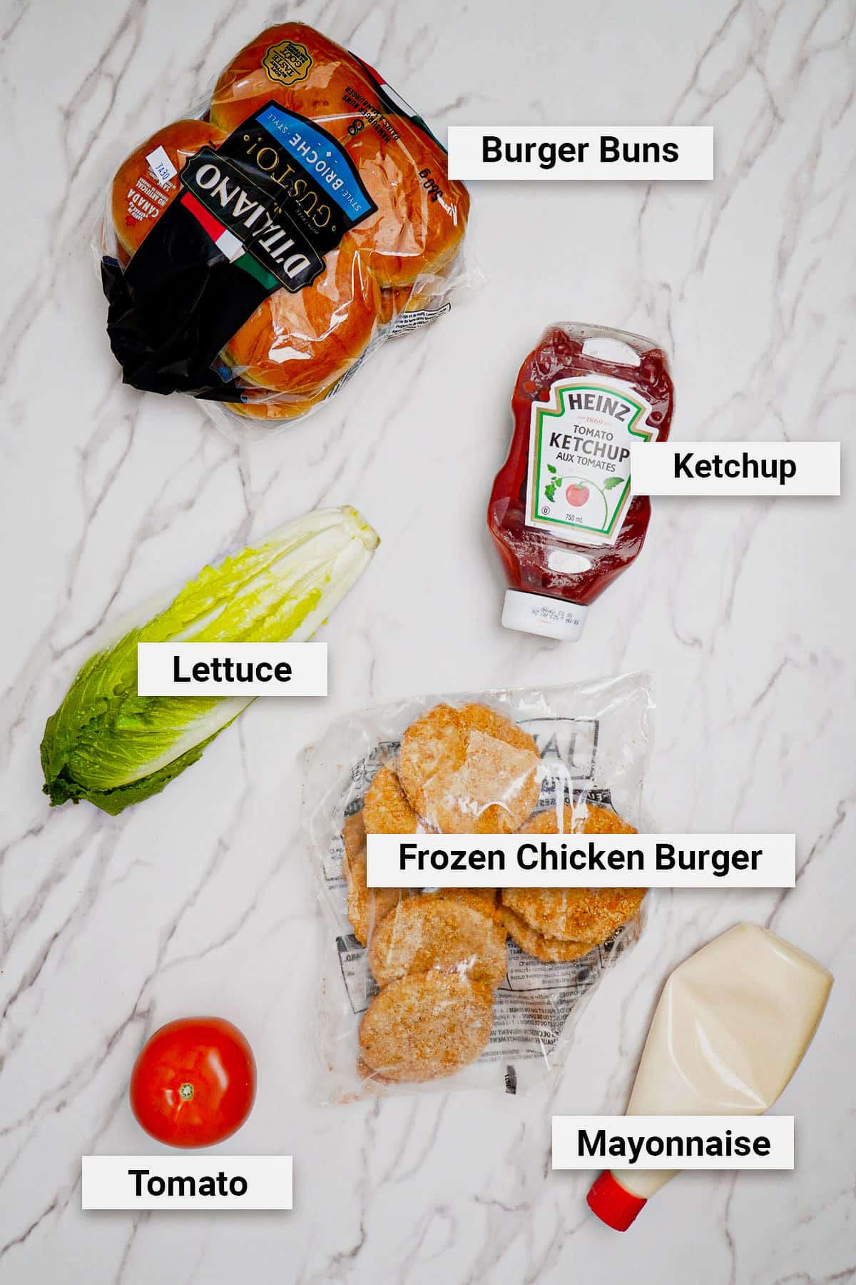 Ingredients for air fryer chicken burger recipe.