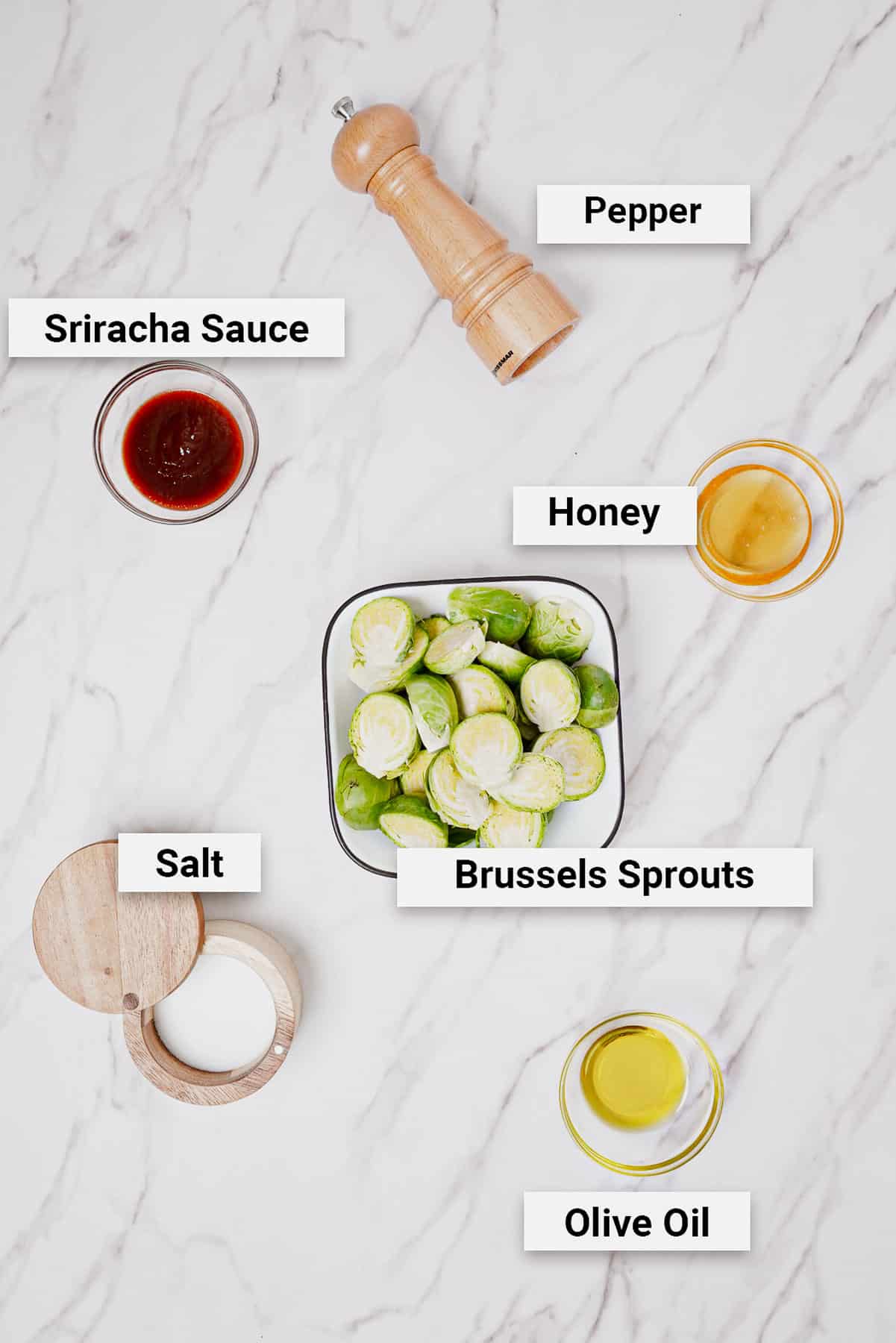 Ingredients for air fryer Brussels sprouts honey sriracha.