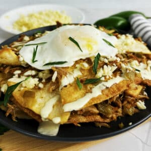 Air fryer chilaquiles topped with over-easy sunny side up