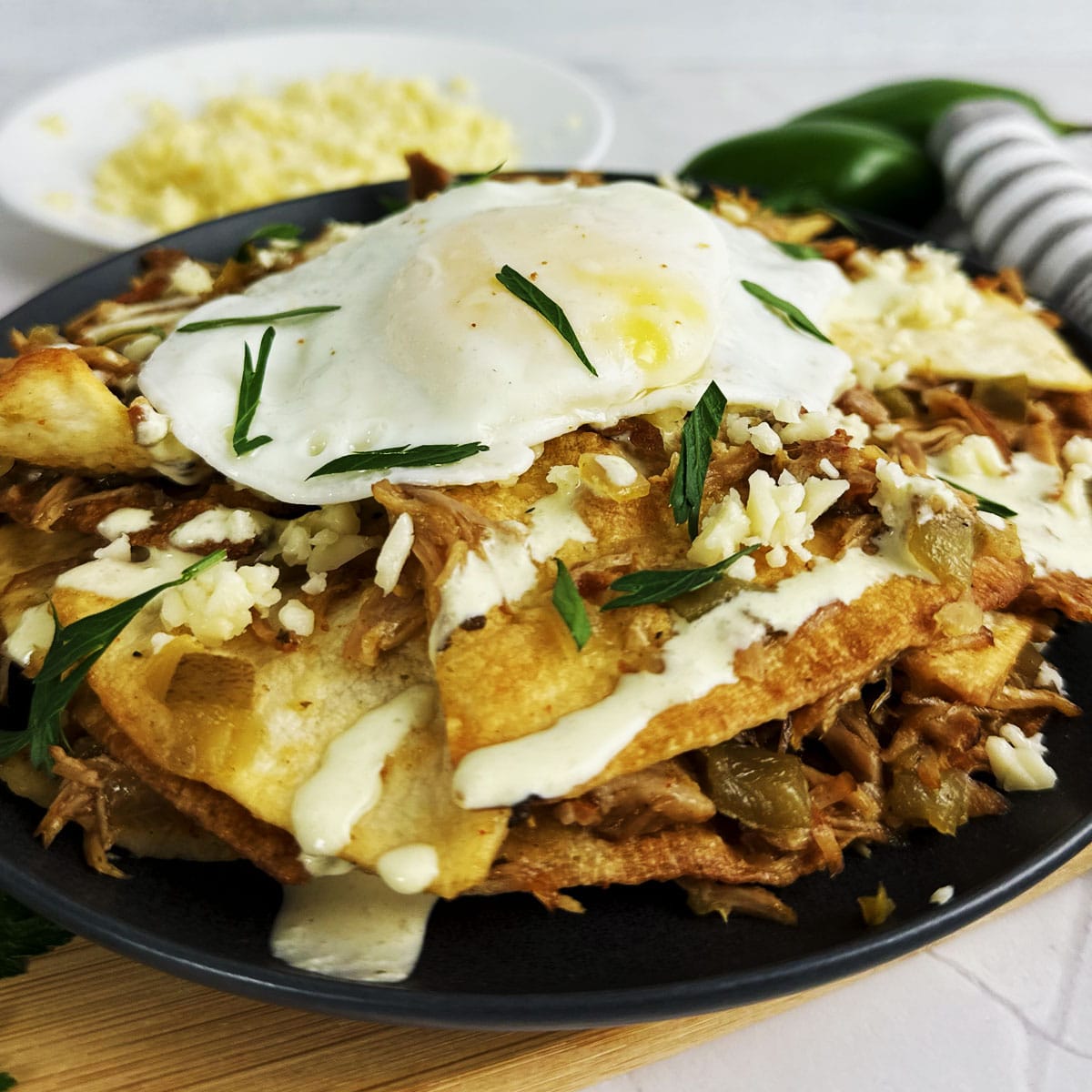 Air fried chilaquiles topped with over-easy sunny side up