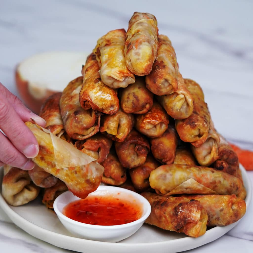Air fryer mini egg rolls with sweet chili dipping sauce