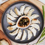 Cooked air fryer frozen potstickers recipe, with savory dipping sauce