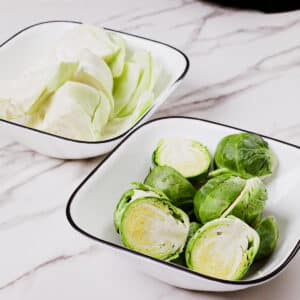 Small portions of Brussels sprouts and cabbage