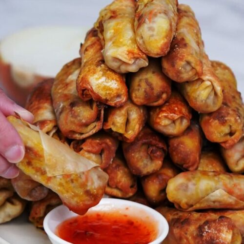 Air fryer mini egg rolls with sweet chili dipping sauce