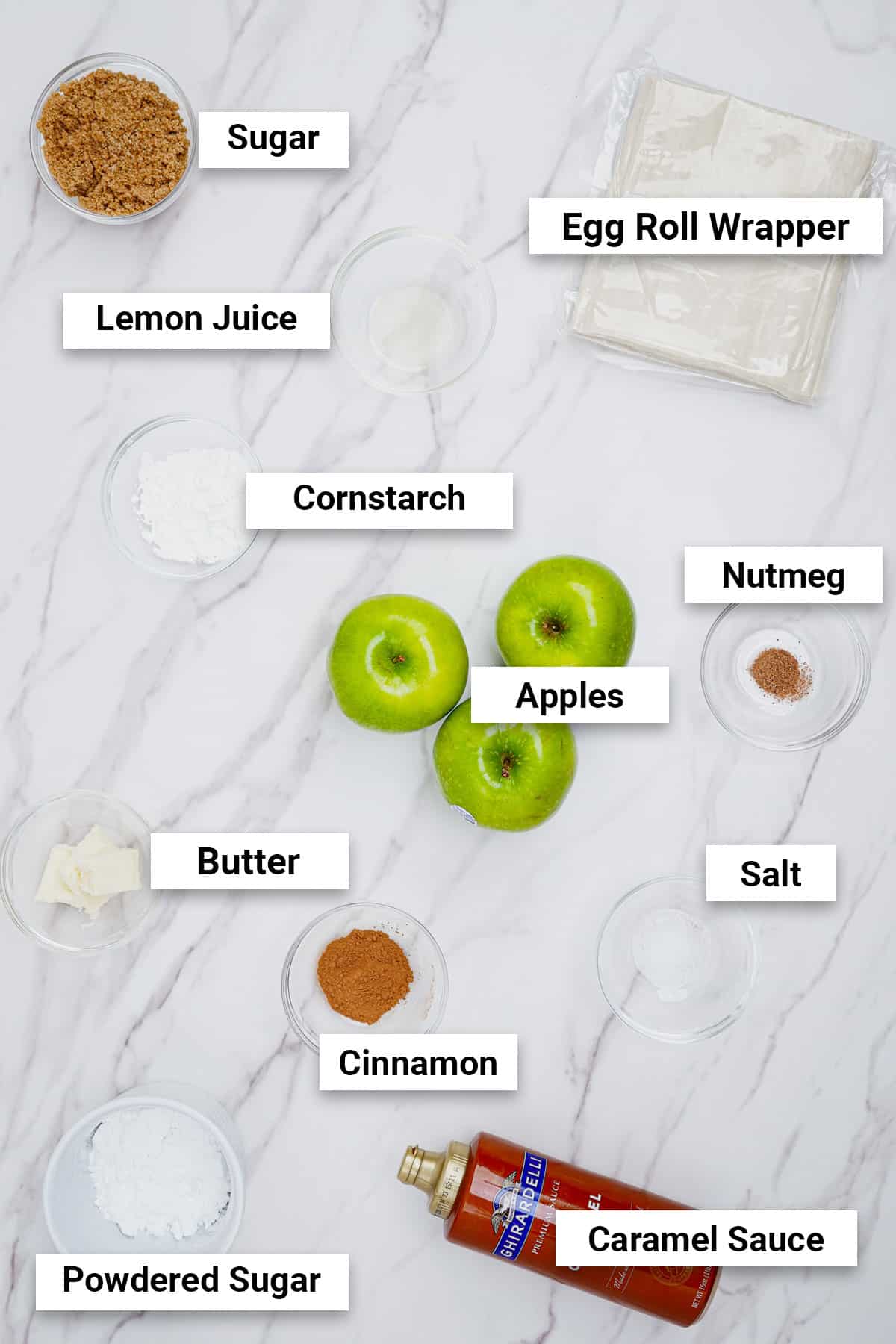 Ingredients for apple pie egg rolls air fryer recipe.