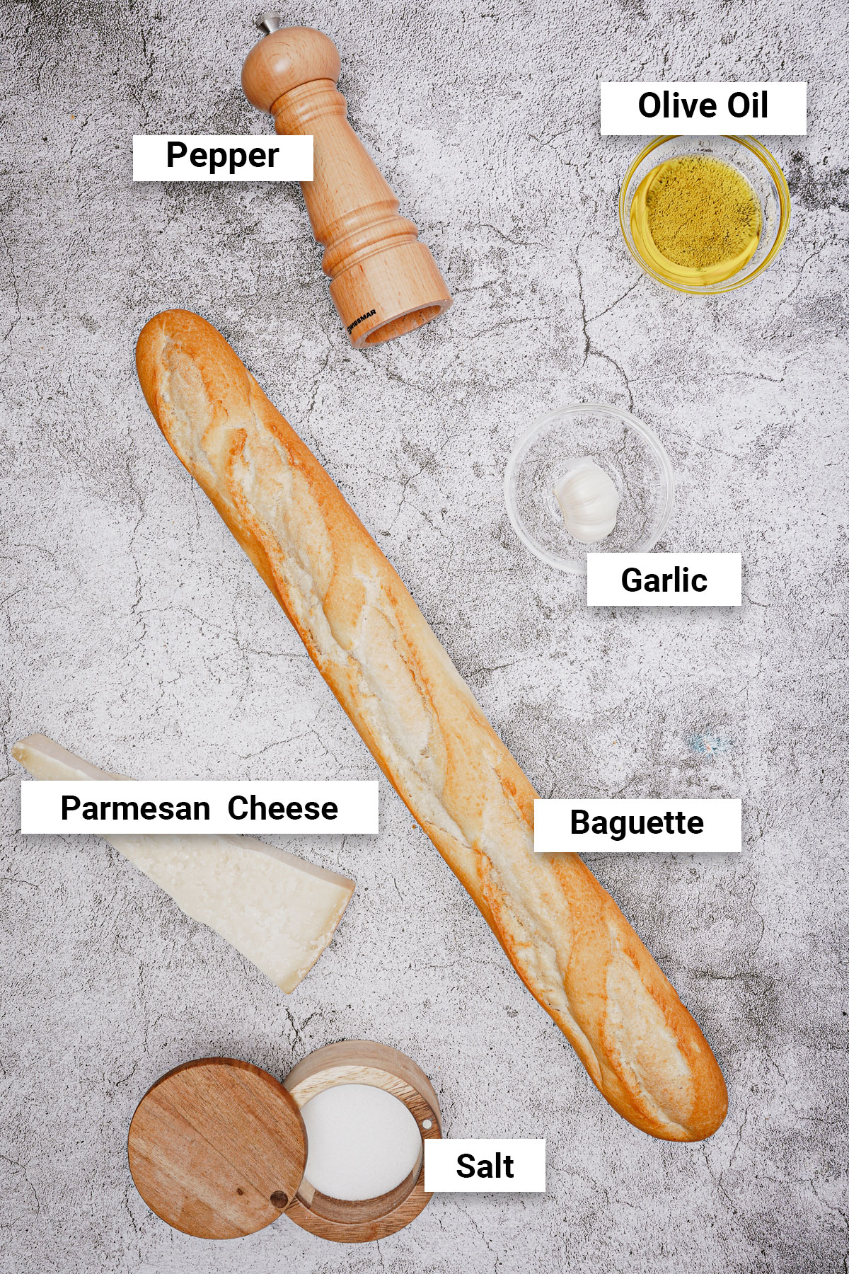 Ingredients for air fryer croutons with parmesan cheese.