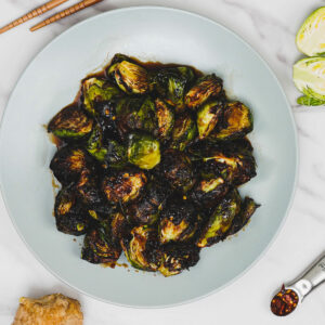 Asian Brussels sprouts air fryer recipe, served on a plate.