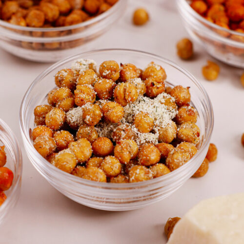 Crispy air fryer chickpeas with sour cream & onion seasoning, served in a small bowl.