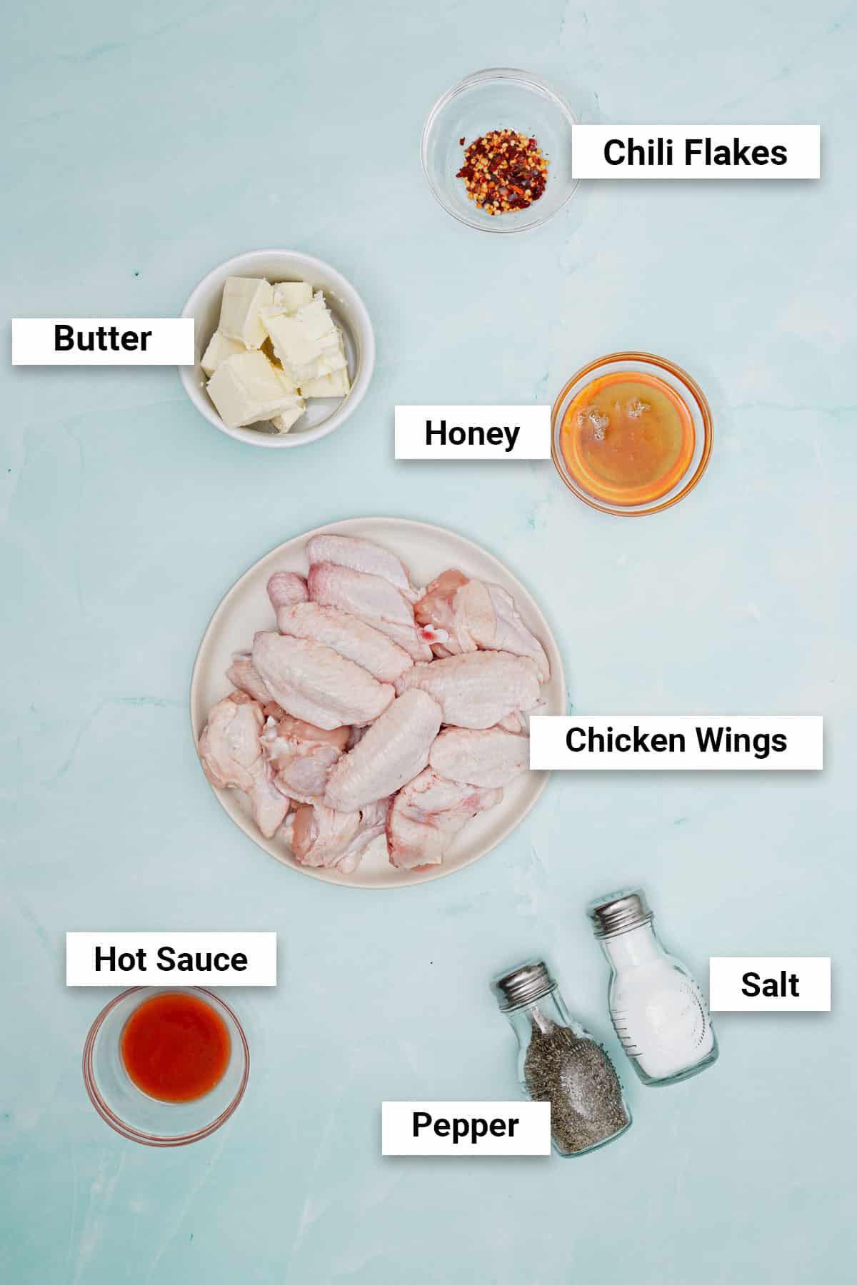 Ingredients for honey hot wings air fryer recipe.