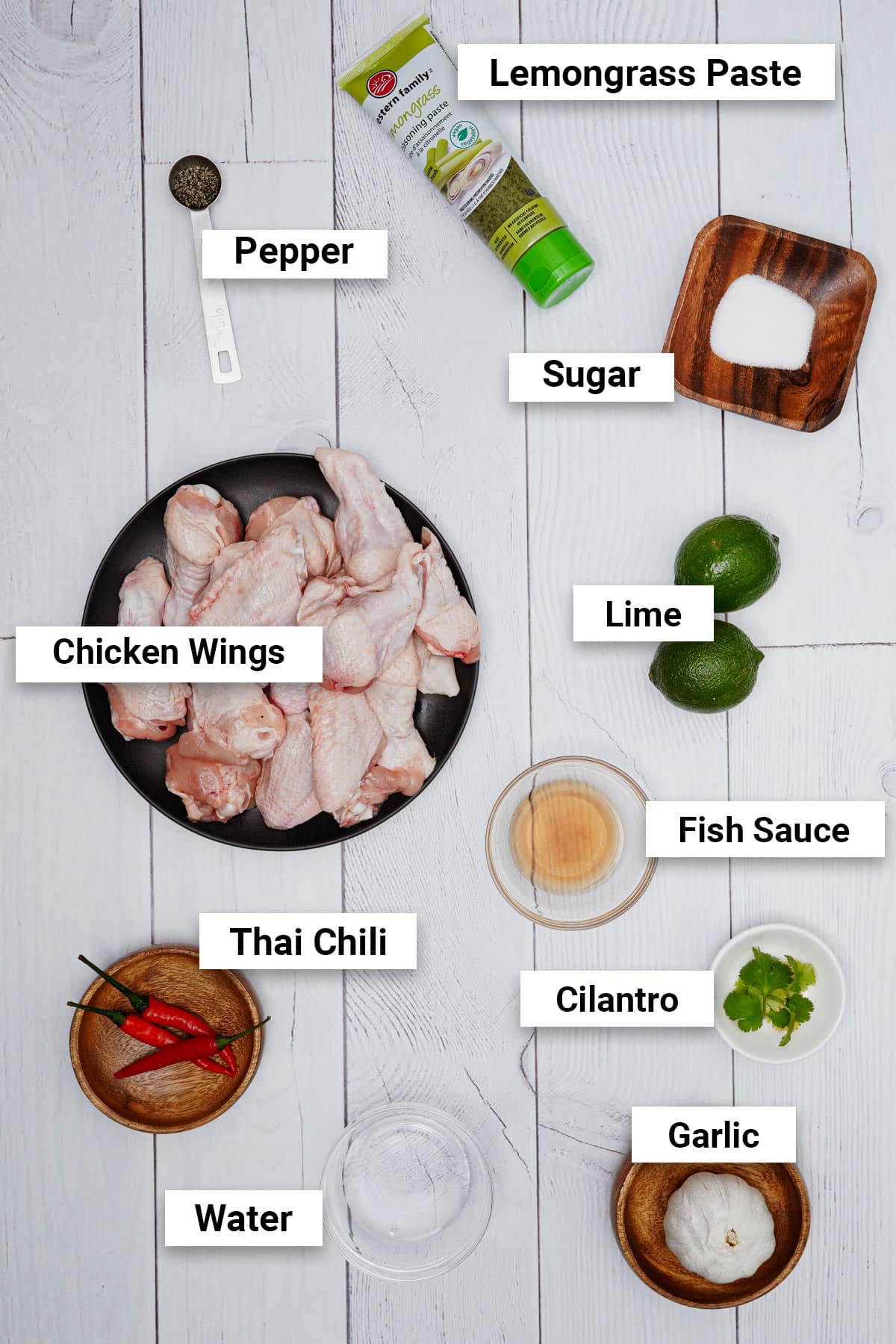 Ingredients for Thai-style lemongrass chicken wings air fryer recipe.