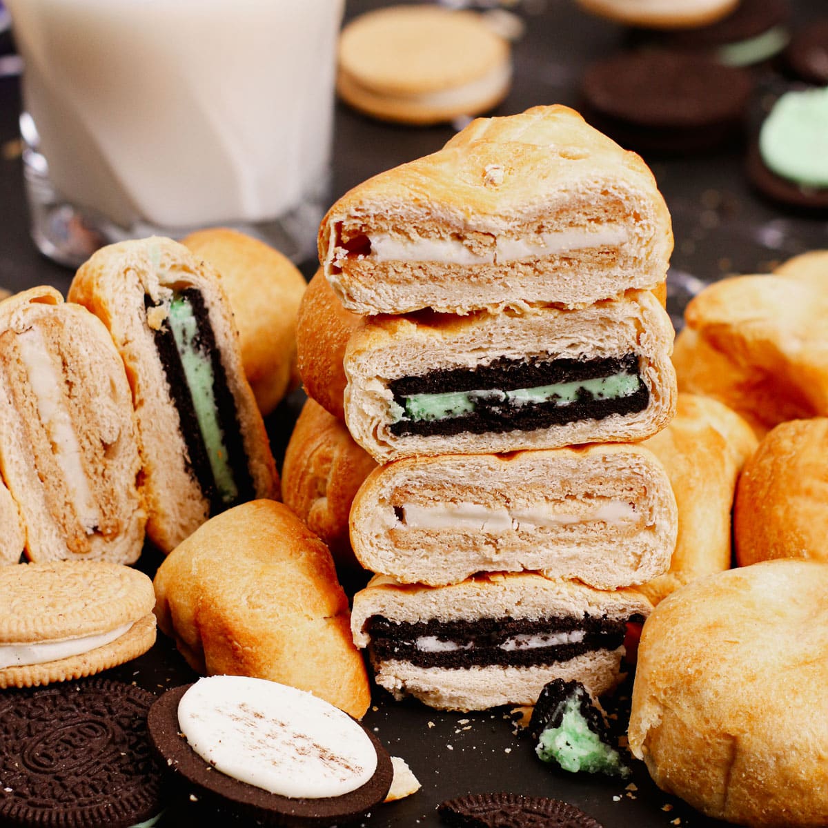 Stacked air fried oreos, cross section, with assorted flavors.