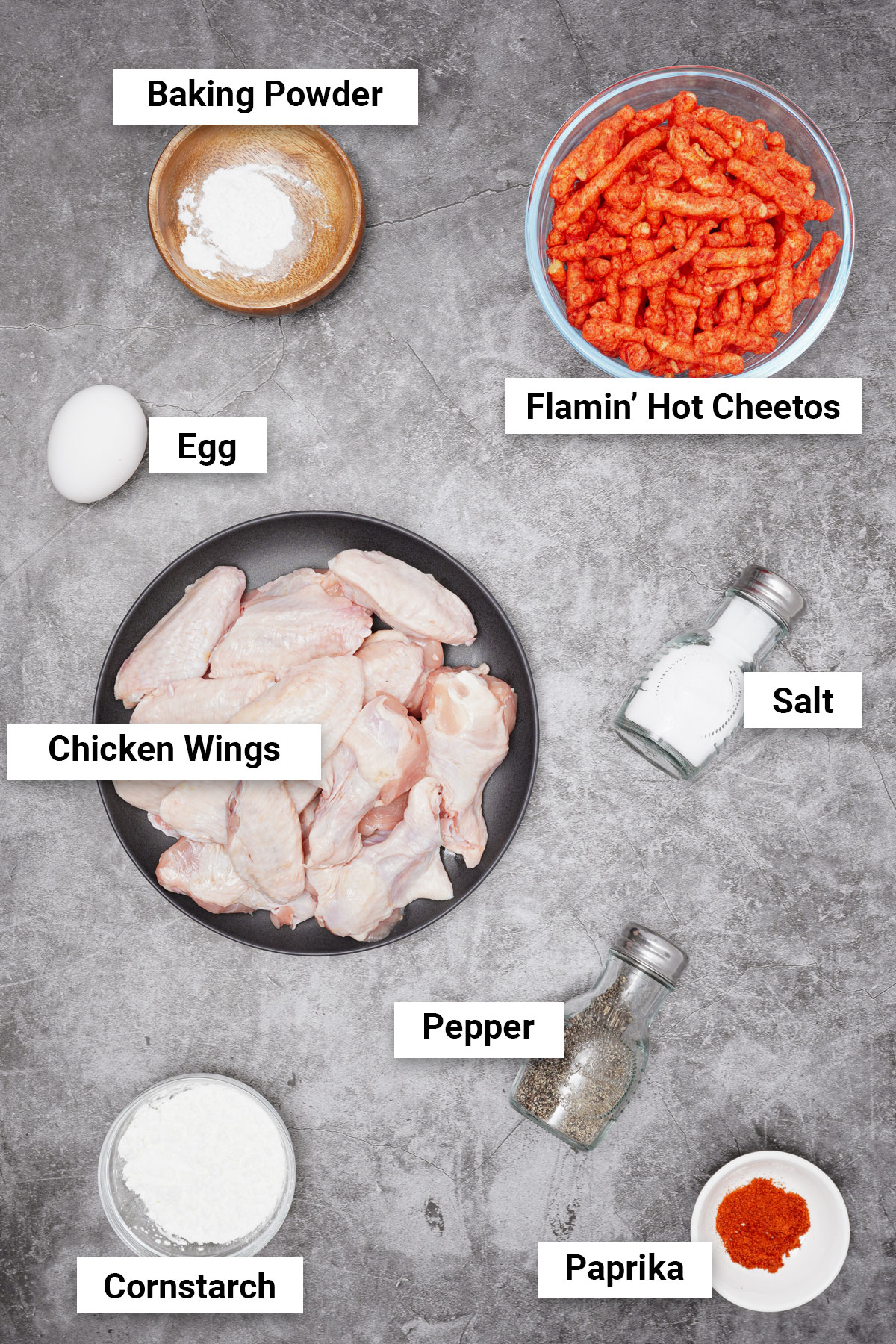Ingredients for hot Cheeto chicken wings air fryer recipe.