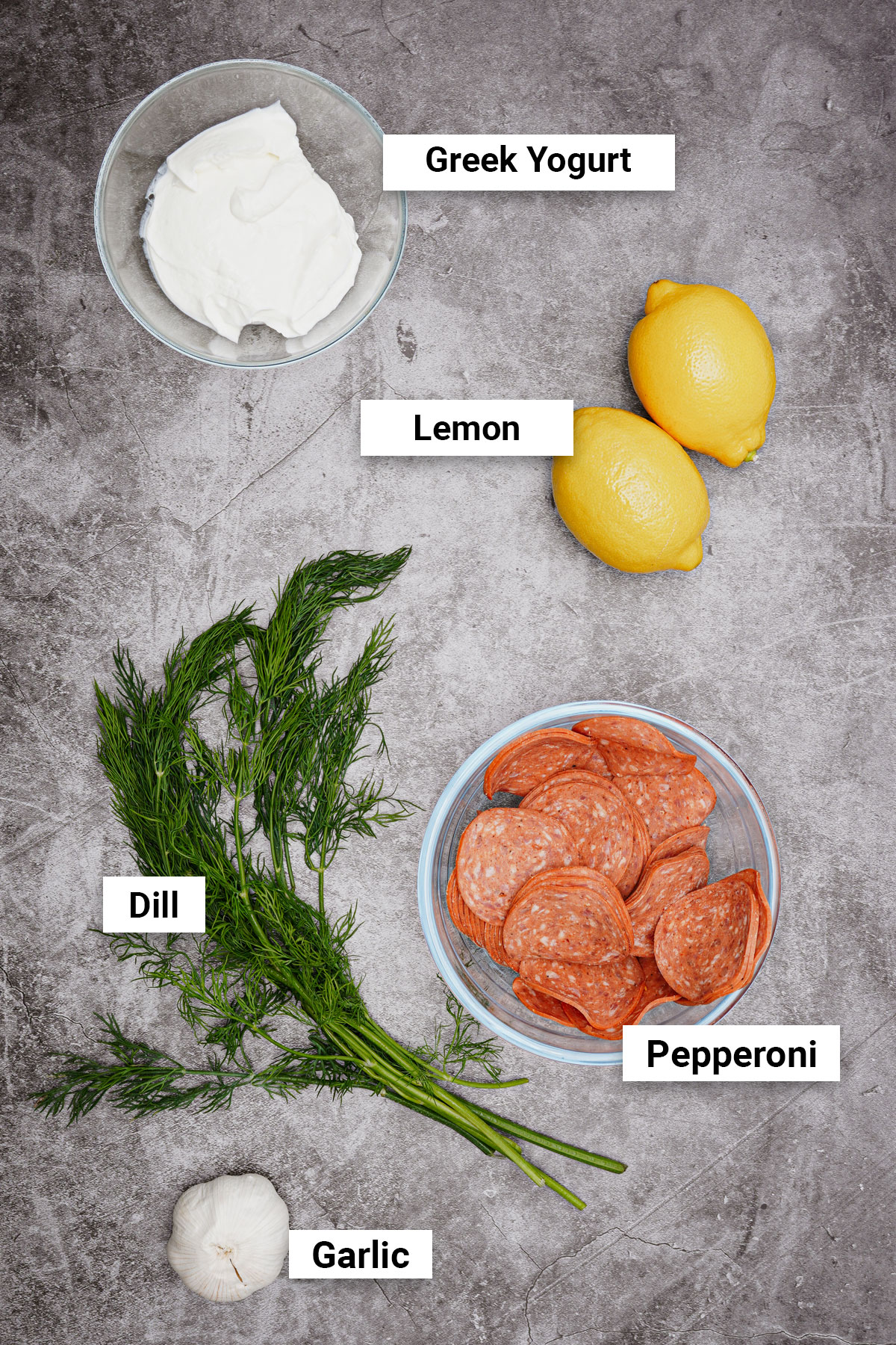 Ingredients for pepperoni crisps air fryer recipe with dill yogurt dip