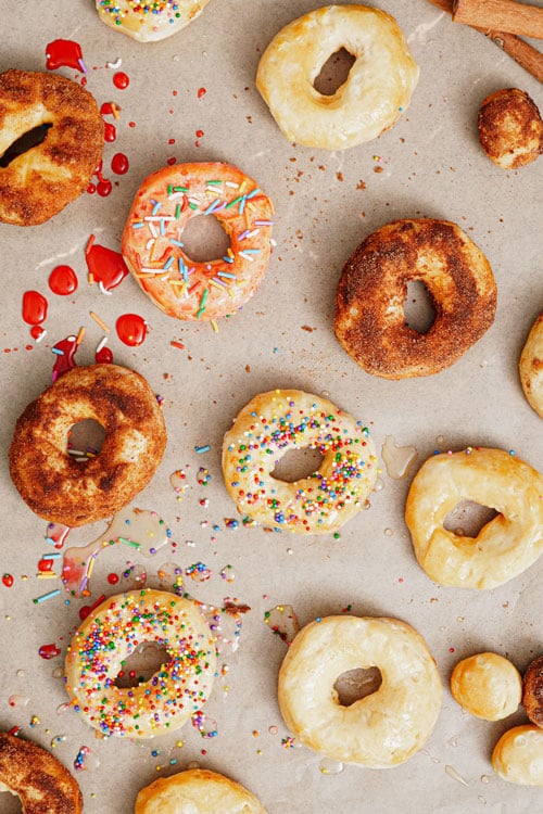 Air fryer Pillsbury biscuit donuts recipe bite shot with assorted flavors.