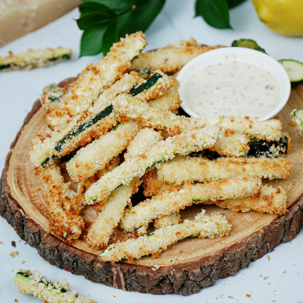 Air fryer zucchini fries with ranch dipping sauce.