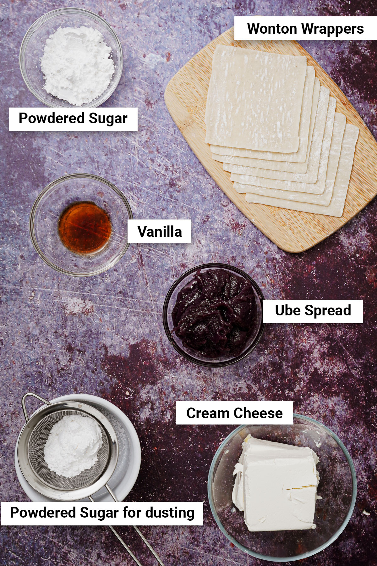 Ingredients for cream cheese ube wontons.