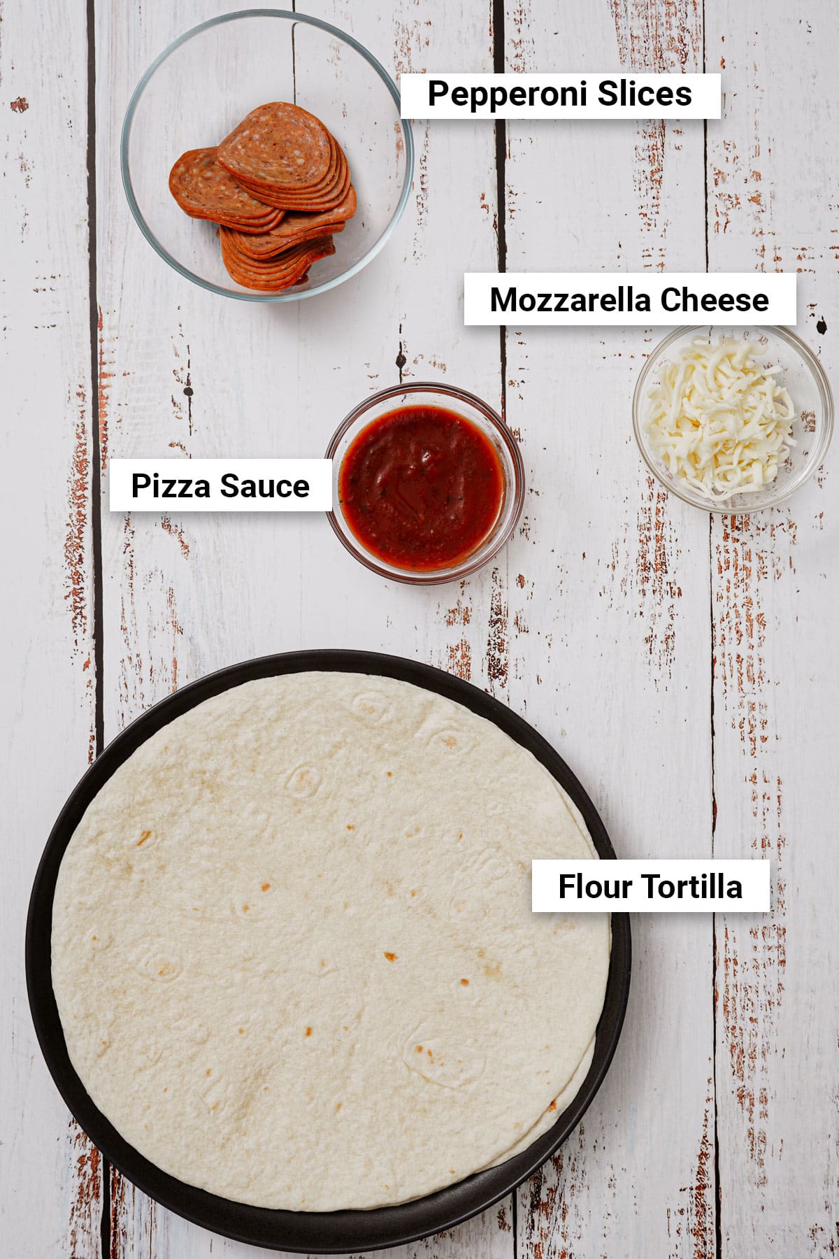 Ingredients for crispy tortilla pizza recipe