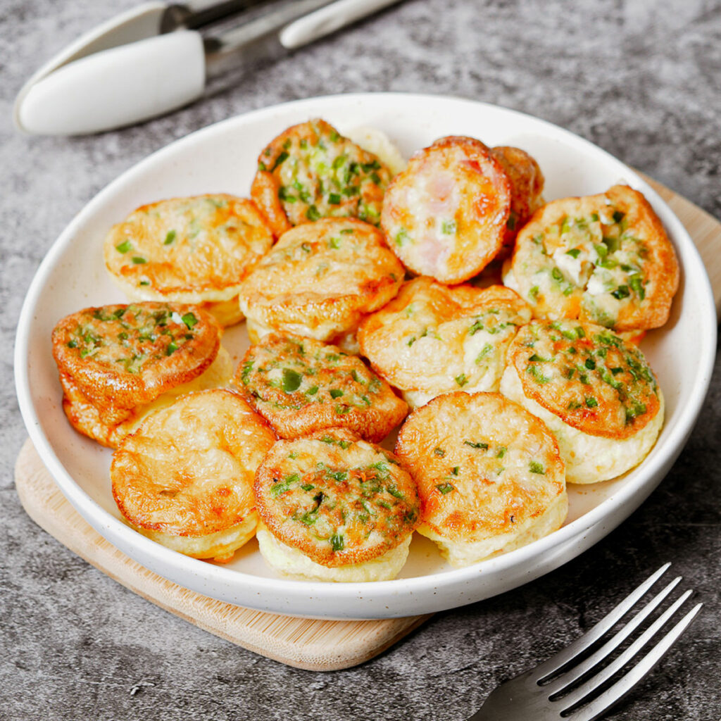 Air fryer egg bites in a white plate.