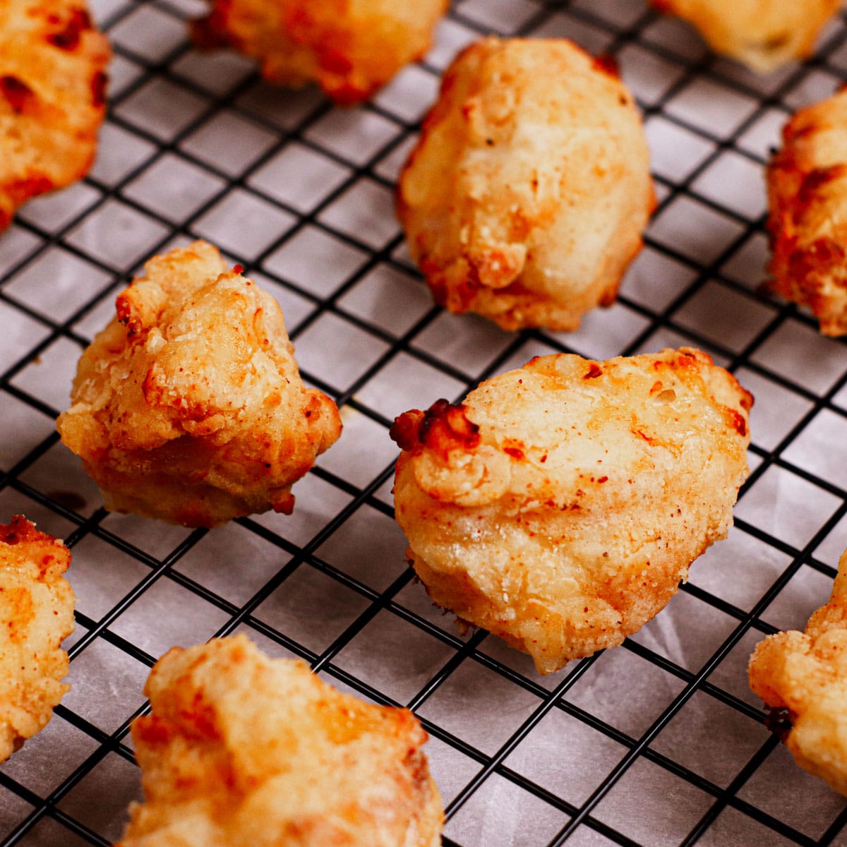 Chicken nuggets on a cooling rack