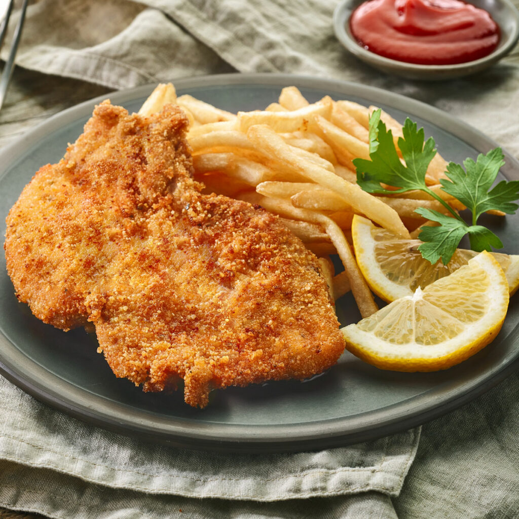 air fried chicken cutlets, served with fries
