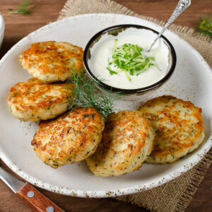 air fried homemade chicken patties, served with a dip