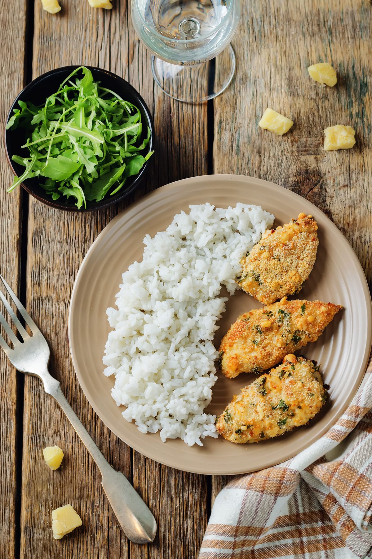 air fryer parmesan crusted chicken, recipe bite-shot, served with rice
