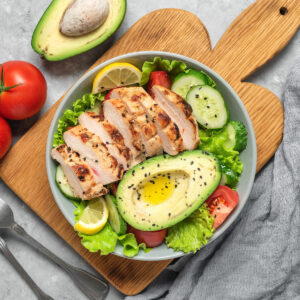 Air fried keto chicken breast served with salad