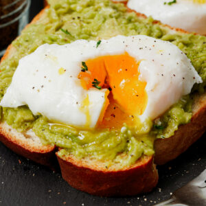 Air fried poached eggs on avocado toast