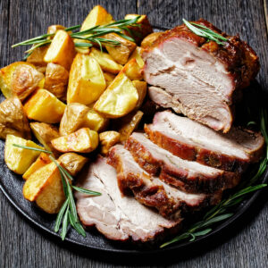 air fried pork loin roast, with rosemary and potatoes
