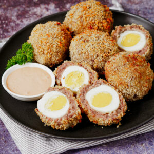 Air fried scotch eggs with fry sauce.