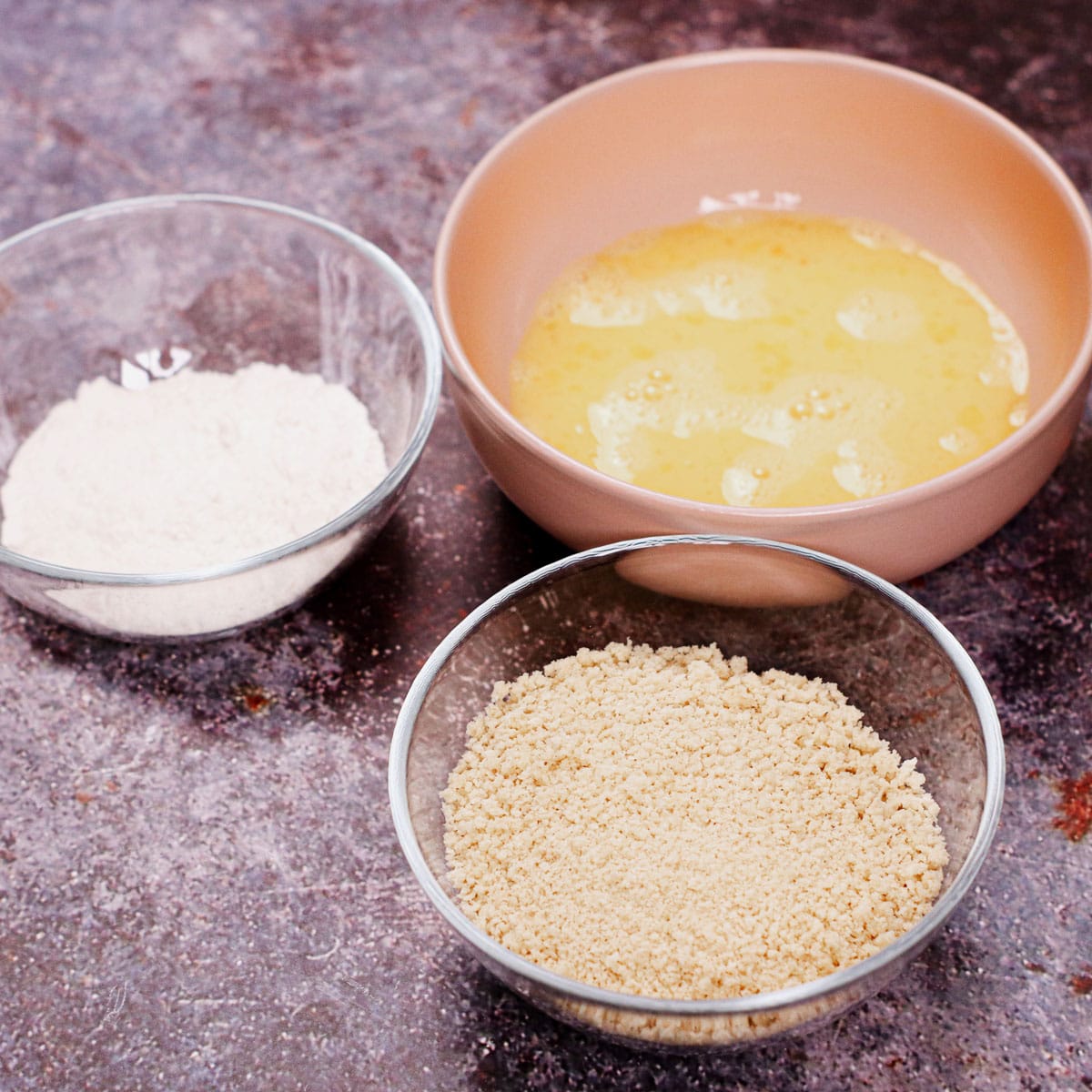 Breading station: flour, egg wash, bread crumbs